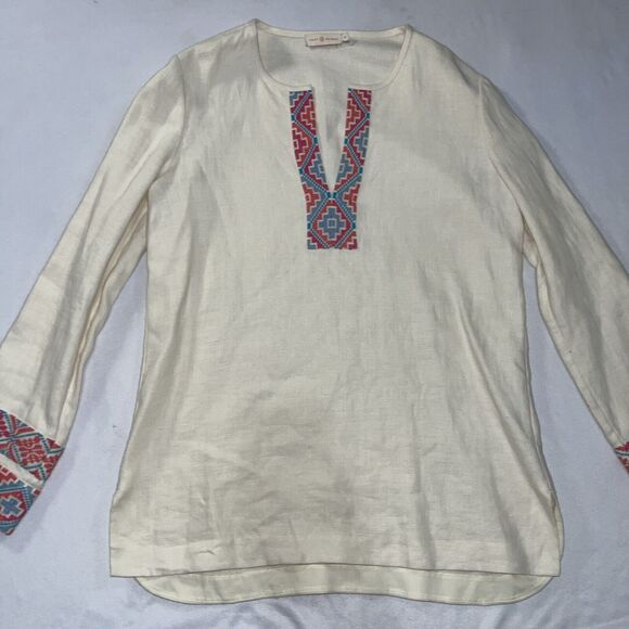 Tory Burch McKenna Tunic Top Ivory Linen $350 – Size 10 Embroidered V Neck - Picture 4 of 13